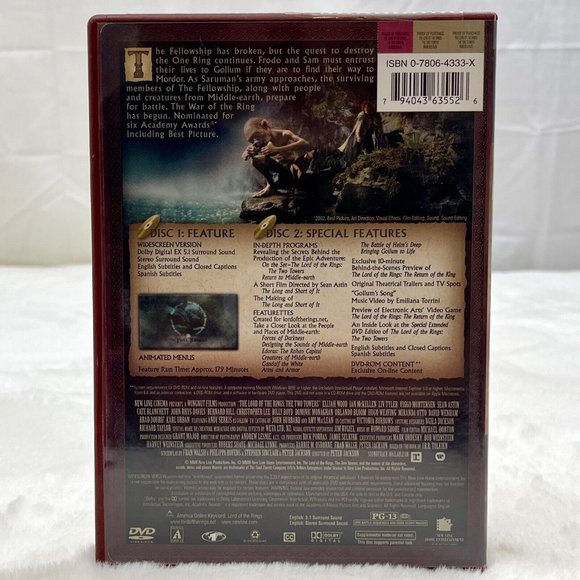 Lord of the Rings The Two Towers 2-DVD Set (DVD 2002 Widescreen) Unopened - Picture 2 of 3